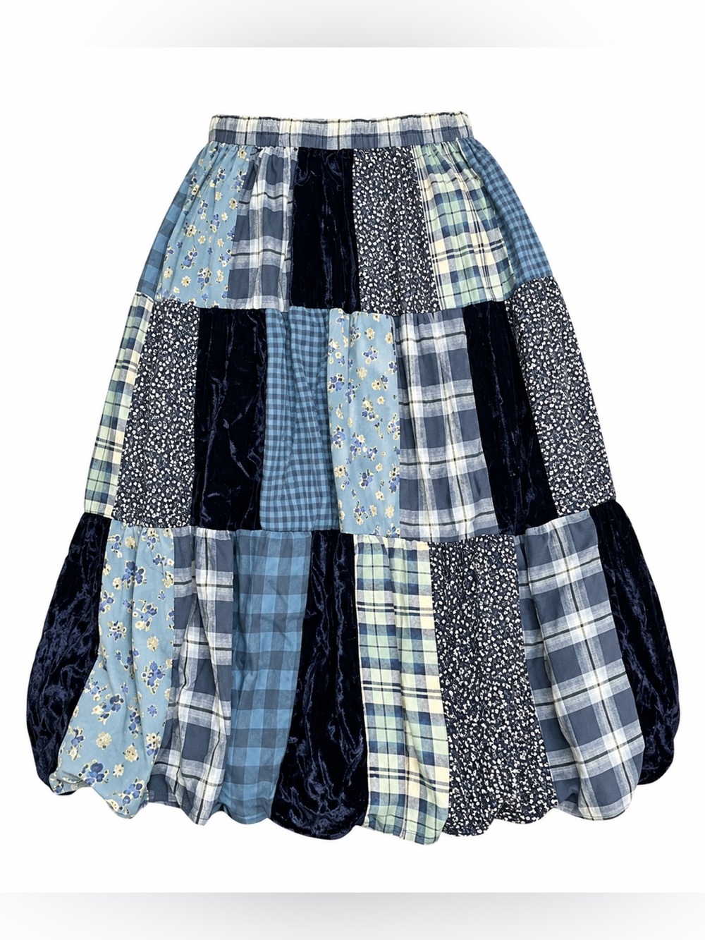 Vintage Cottagecore Patchwork Midi Skirt Blue Floral Plaid Gingham Boho Grunge